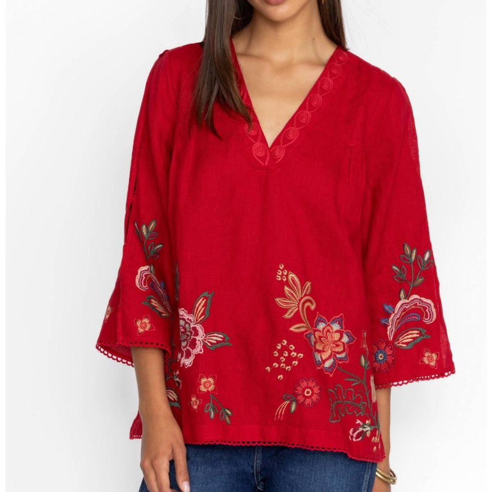 Women Johnny Was Messine V-Neck Top With Side Slits Equestrian Red